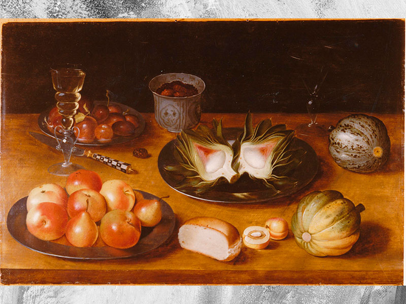 Jacques de Gheyn. Still life of fruit, with glasswork and a bun, on a wooden ledge, circa